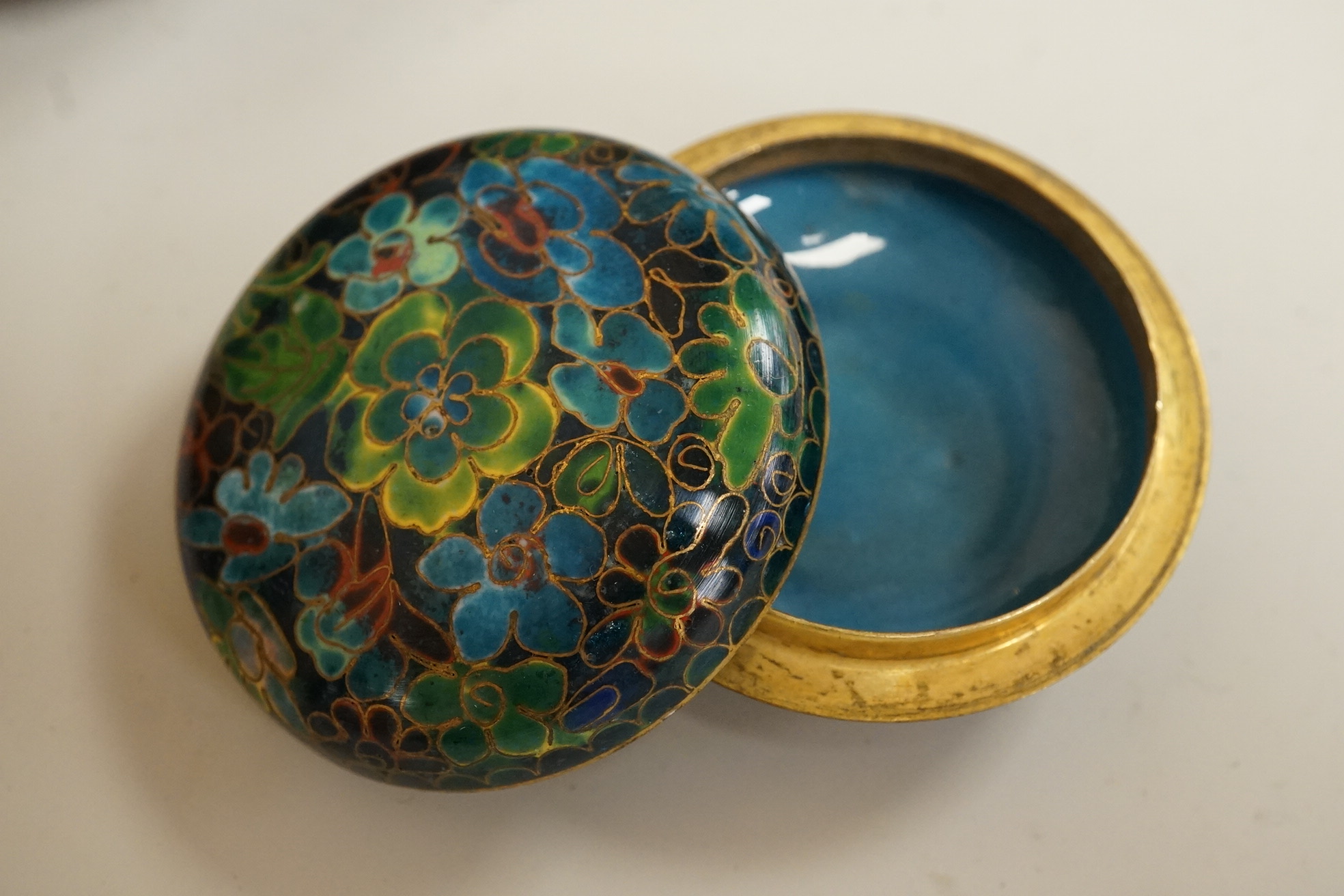 A collection of miniature enamel and cloisonné boxes, eggs and a painted rabbit, etc. (11)